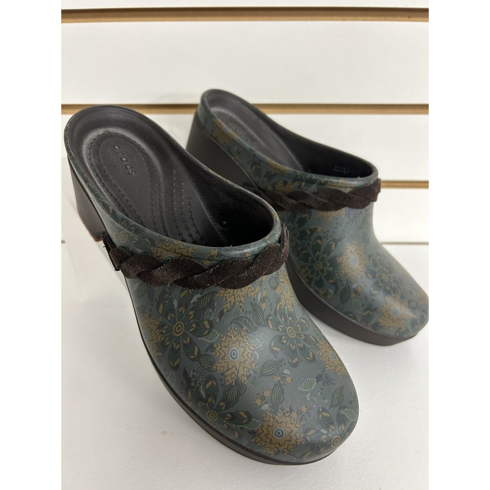 CROCS Dual Comfort Clog Slide Blue Brown Floral Womens Size 7 Heels Comfort Boho